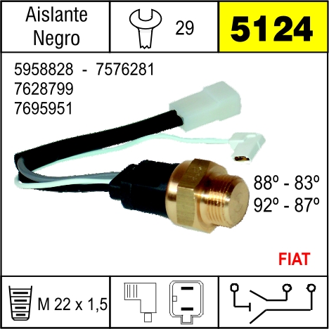 5124 BULBO ELECTRO VENTILADOR FIAT 2 TEMP.CABLE CORTO