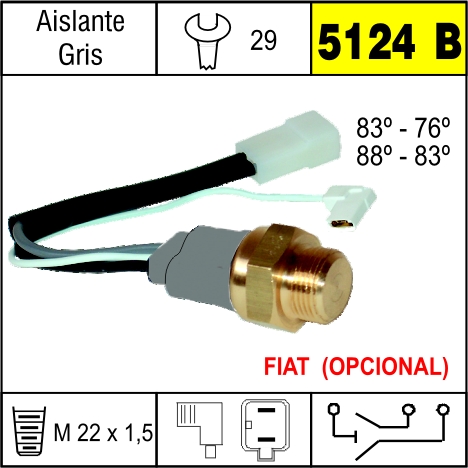 5124B BULBO ELECTRO VENTILADOR FIAT 2 TEMP. CABLE CORTO TEMP.BAJA