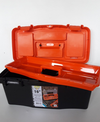 CAJA DE HERRAMIENTAS 16" PVC REFORZADA CON TAPA ORGANIZADORA , BANDEJA PLASTICA Y DOBLE TRABA. 40,5 x 28 x 18